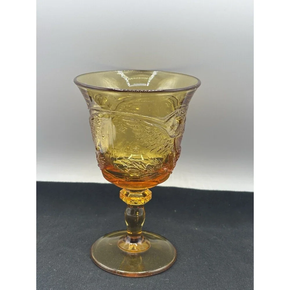 Vintage L E Smith amber glass American Eagle Goblet Bicentennial Americana MCM